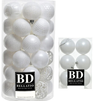 Bellatio Decorations 43x stuks kunststof kerstballen wit 6 en 8 cm glans/mat/glitter mix
