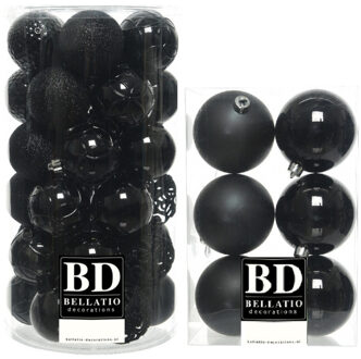 Bellatio Decorations 43x stuks kunststof kerstballen zwart 6 en 8 cm glans/mat/glitter mix