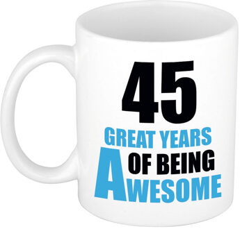 Bellatio Decorations 45 great years of being awesome cadeau mok / beker wit en blauw - verjaardagscadeau 45 jaar - feest mokken