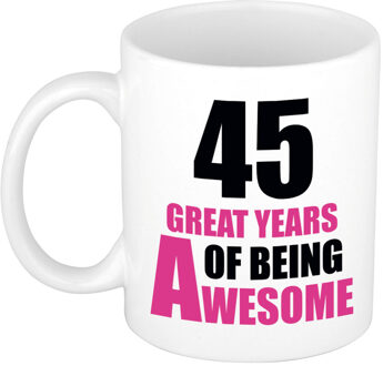 Bellatio Decorations 45 great years of being awesome cadeau mok / beker wit en roze - verjaardagscadeau 45 jaar - feest mokken