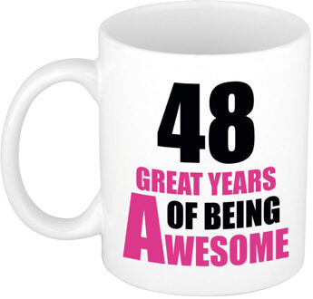 Bellatio Decorations 48 great years of being awesome cadeau mok / beker wit en roze - verjaardagscadeau 48 jaar - feest mokken