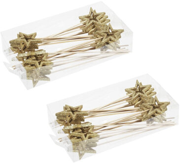 Bellatio Decorations 48x Kerststukje onderdelen gouden stekers/instekers met open ster 6 cm - Kerststukje maken - prikkers/instekertjes