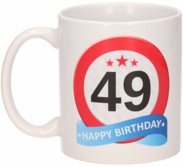 Bellatio Decorations 49 jaar Verjaardag koffiemok - cadeau beker - stopbord print - 300 ml - keramiek - wit