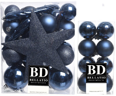 Bellatio Decorations 49x stuks kunststof kerstballen met ster piek donkerblauw mix