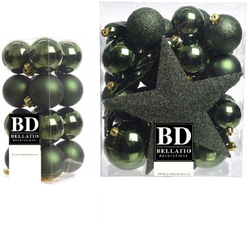 Bellatio Decorations 49x stuks kunststof kerstballen met ster piek donkergroen mix - Kerstbal