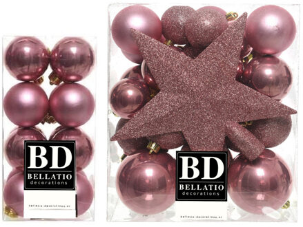 Bellatio Decorations 49x stuks kunststof kerstballen met ster piek oudroze (velvet pink) mix - Kerstbal