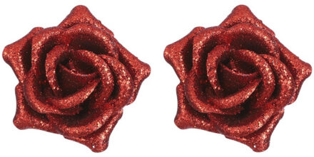 Bellatio Decorations 4x Rode decoratie rozen op clip 8 cm - Decoratie bloemen - Bloemen op clips - Kerstboomversiering