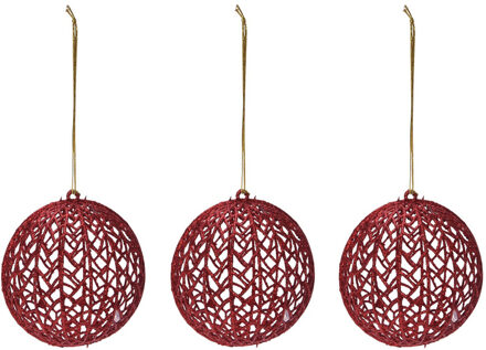 Bellatio Decorations 4x Rode glitter draad/rotan look kerstballen kunststof 9 cm - Kerstboomversiering rood