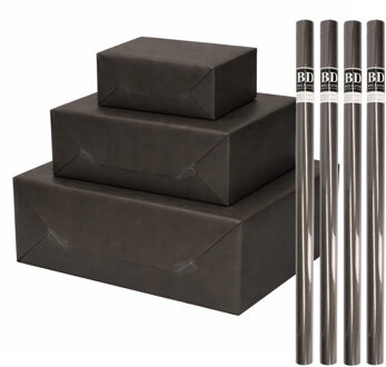 Bellatio Decorations 4x - rollen cadeau Inpakpapier - zwart - 200 x 70 cm - cadeaupapier