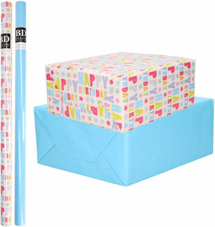 Bellatio Decorations 4x Rollen kraft inpakpapier happy birthday pakket - blauw 200 x 70 cm - Cadeaupapier