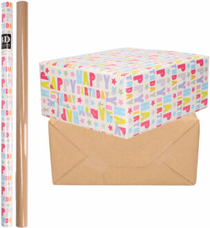 Bellatio Decorations 4x Rollen kraft inpakpapier happy birthday pakket - bruin 200 x 70 cm - Cadeaupapier