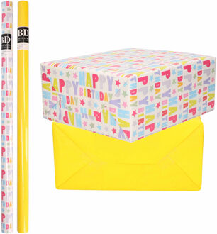 Bellatio Decorations 4x Rollen kraft inpakpapier happy birthday pakket - geel 200 x 70 cm - Cadeaupapier