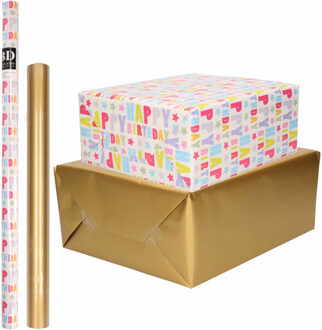 Bellatio Decorations 4x Rollen kraft inpakpapier happy birthday pakket - goud 200 x 70/50 cm - Cadeaupapier