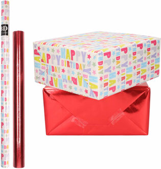 Bellatio Decorations 4x Rollen kraft inpakpapier happy birthday pakket - metallic rood 200 x 70/50 cm - Cadeaupapier