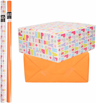 Bellatio Decorations 4x Rollen kraft inpakpapier happy birthday pakket - oranje 200 x 70 cm - Cadeaupapier