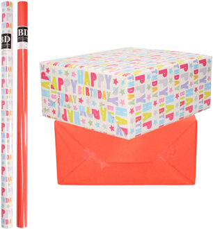 Bellatio Decorations 4x Rollen kraft inpakpapier happy birthday pakket - rood 200 x 70 cm - Cadeaupapier