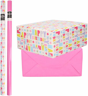 Bellatio Decorations 4x Rollen kraft inpakpapier happy birthday pakket - roze 200 x 70 cm - Cadeaupapier