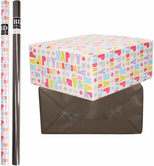 Bellatio Decorations 4x Rollen kraft inpakpapier happy birthday pakket - zwart 200 x 70 cm - Cadeaupapier