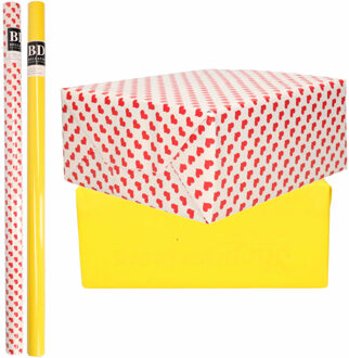 Bellatio Decorations 4x Rollen kraft inpakpapier liefde/rode hartjes pakket - geel 200 x 70 cm