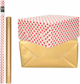 Bellatio Decorations 4x Rollen kraft inpakpapier liefde/rode hartjes pakket - mat goud 200 x 70/50 cm