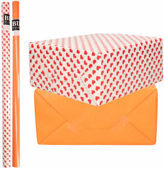 Bellatio Decorations 4x Rollen kraft inpakpapier liefde/rode hartjes pakket - oranje 200 x 70 cm