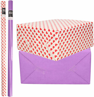 Bellatio Decorations 4x Rollen kraft inpakpapier liefde/rode hartjes pakket - paars 200 x 70 cm