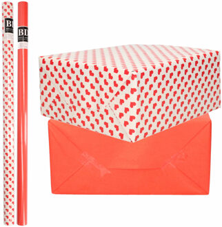 Bellatio Decorations 4x Rollen kraft inpakpapier liefde/rode hartjes pakket - rood 200 x 70 cm - Cadeaupapier