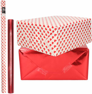 Bellatio Decorations 4x Rollen kraft inpakpapier liefde/rode hartjes pakket - rood metallic 200 x 70/50 cm