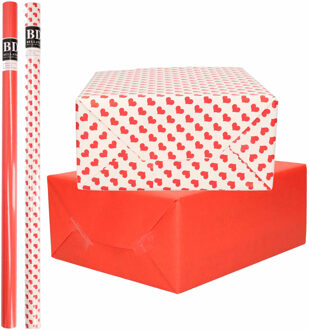 Bellatio Decorations 4x Rollen kraft inpakpapier pakket rood/wit met hartjes - liefde/Valentijn 200 x 70 cm