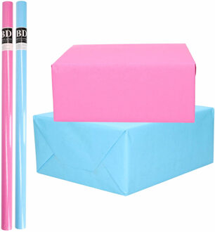 Bellatio Decorations 4x Rollen kraft inpakpapier pakket roze en blauw babyshower/geboorte/gender reveal 200 x 70 cm - Cadeaupapier