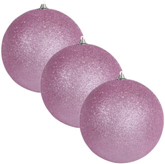 Bellatio Decorations 4x Roze grote glitter kerstballen 13,5 cm - hangdecoratie / boomversiering glitter kerstballen