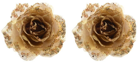 Bellatio Decorations 4x stuks gouden glitter rozen met clip 14 cm - Kerst/decoratie kunstbloemen