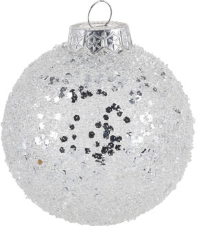 Bellatio Decorations 4x Zilveren glitter kerstballen kunststof 8 cm type 1 - Kerstboomversiering zilver