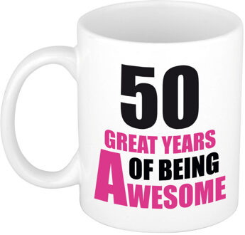 Bellatio Decorations 50 great years of being awesome - koffiemok - wit en roze - cadeau beker - 50e verjaardag