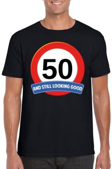 Bellatio Decorations 50 jaar and still looking good - t-shirt verkeersbord print - zwart - heren - verjaardag