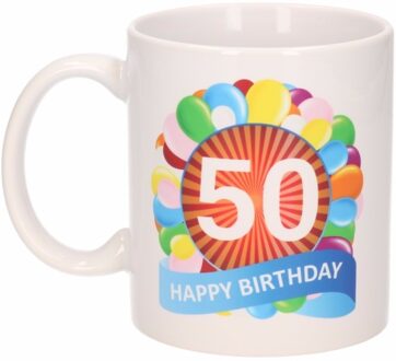 Bellatio Decorations 50 jaar koffiemok - Verjaardag ballonnen thema - beker - wit - 300 ml - cadeau