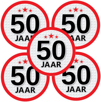 Bellatio Decorations 50 jaar leeftijd sticker - 5x - rond - Dia 15 cm - 50 jaar verjaardag - jubileum - leeftijd versieri