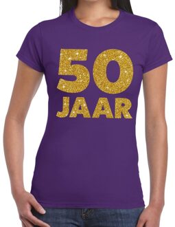 Bellatio Decorations 50 jaar verjaardag t-shirt - paars - voor dames - gouden glitter print - jubileum