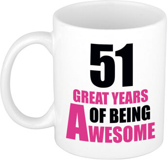 Bellatio Decorations 51 great years of being awesome cadeau mok / beker wit en roze - verjaardagscadeau 51 jaar - feest mokken