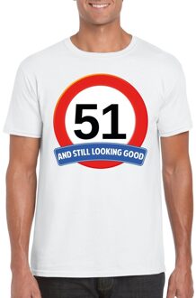 Bellatio Decorations 51 jaar and still looking good - t-shirt verkeersbord print - wit - heren - verjaardag