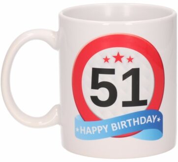 Bellatio Decorations 51 jaar Verjaardag koffiemok - cadeau beker - stopbord print - 300 ml - keramiek - wit