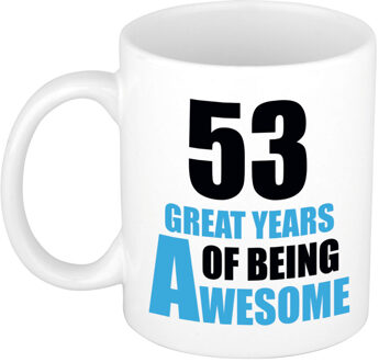 Bellatio Decorations 53 great years of being awesome cadeau mok / beker wit en blauw - verjaardagscadeau 53 jaar - feest mokken