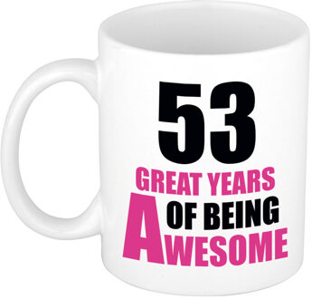 Bellatio Decorations 53 great years of being awesome cadeau mok / beker wit en roze - verjaardagscadeau 53 jaar - feest mokken