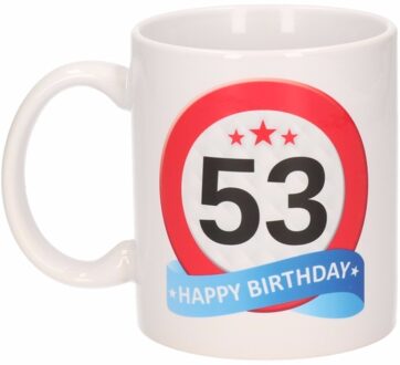 Bellatio Decorations 53 jaar Verjaardag koffiemok - cadeau beker - stopbord print - 300 ml - keramiek - wit