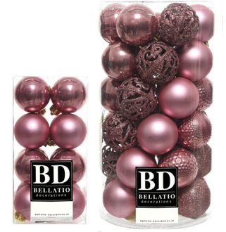 Bellatio Decorations 53x stuks kunststof kerstballen oudroze (velvet pink) 4 en 6 cm glans/mat/glitter mix