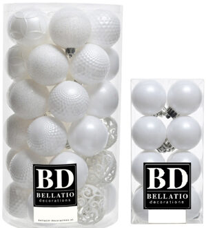 Bellatio Decorations 53x stuks kunststof kerstballen wit 4 en 6 cm glans/mat/glitter mix