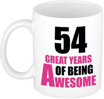 Bellatio Decorations 54 great years of being awesome cadeau mok / beker wit en roze - verjaardagscadeau 54 jaar - feest mokken