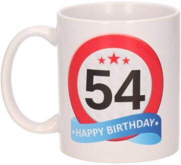 Bellatio Decorations 54 jaar Verjaardag koffiemok - cadeau beker - stopbord print - 300 ml - keramiek - wit
