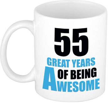 Bellatio Decorations 55 great years of being awesome cadeau mok / beker wit en blauw - verjaardagscadeau 55 jaar - feest mokken