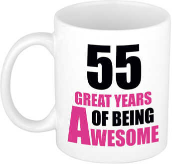 Bellatio Decorations 55 great years of being awesome cadeau mok / beker wit en roze - verjaardagscadeau 55 jaar - feest mokken